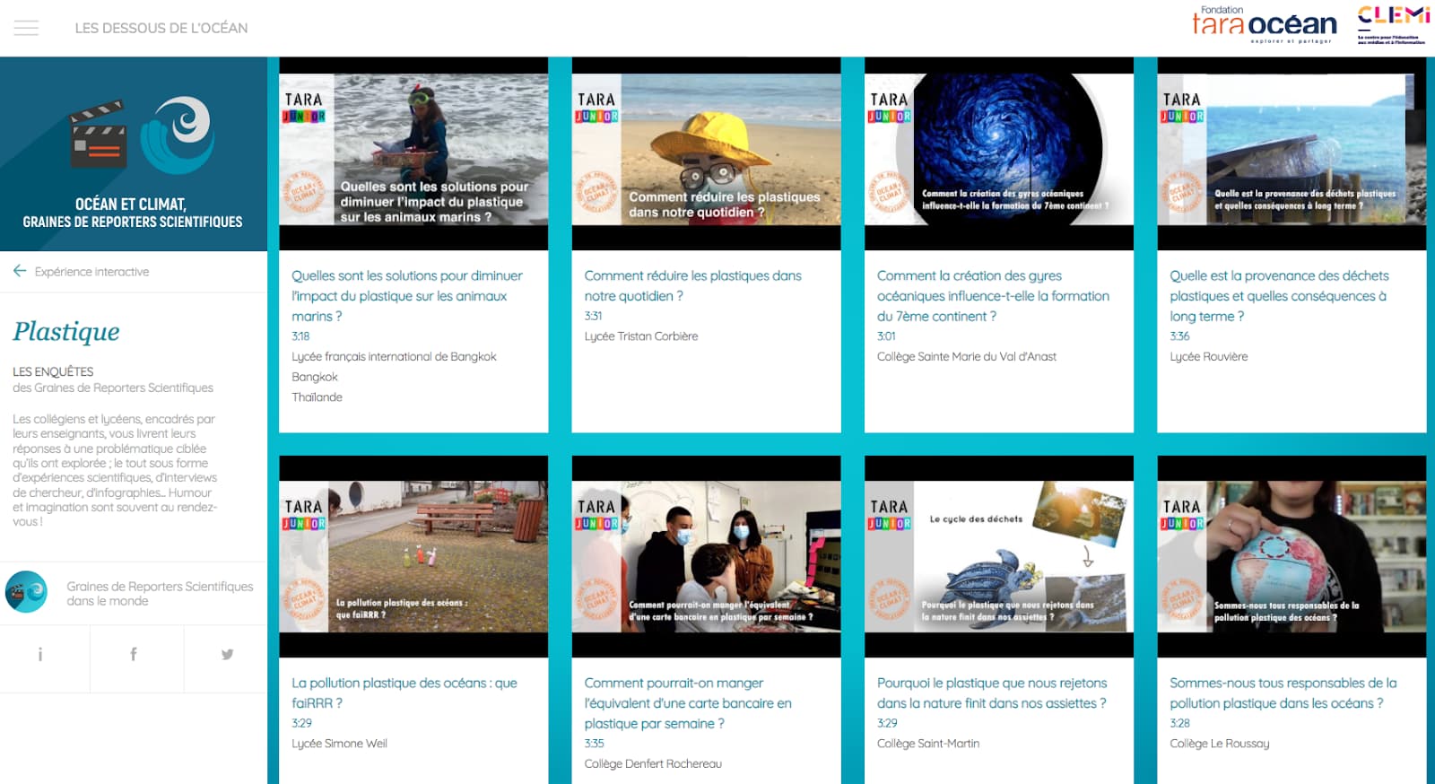 Visuel des vidéos réalisées par les Graines de reporters scientifiques et mises en ligne sur le site web « Les Dessous de l’Océan », dans leur thématique dédiée : ici la pollution plastique.