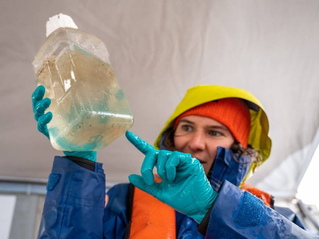 Clara Trellu observe une bouteille contenant un échantillon d'eau de mer